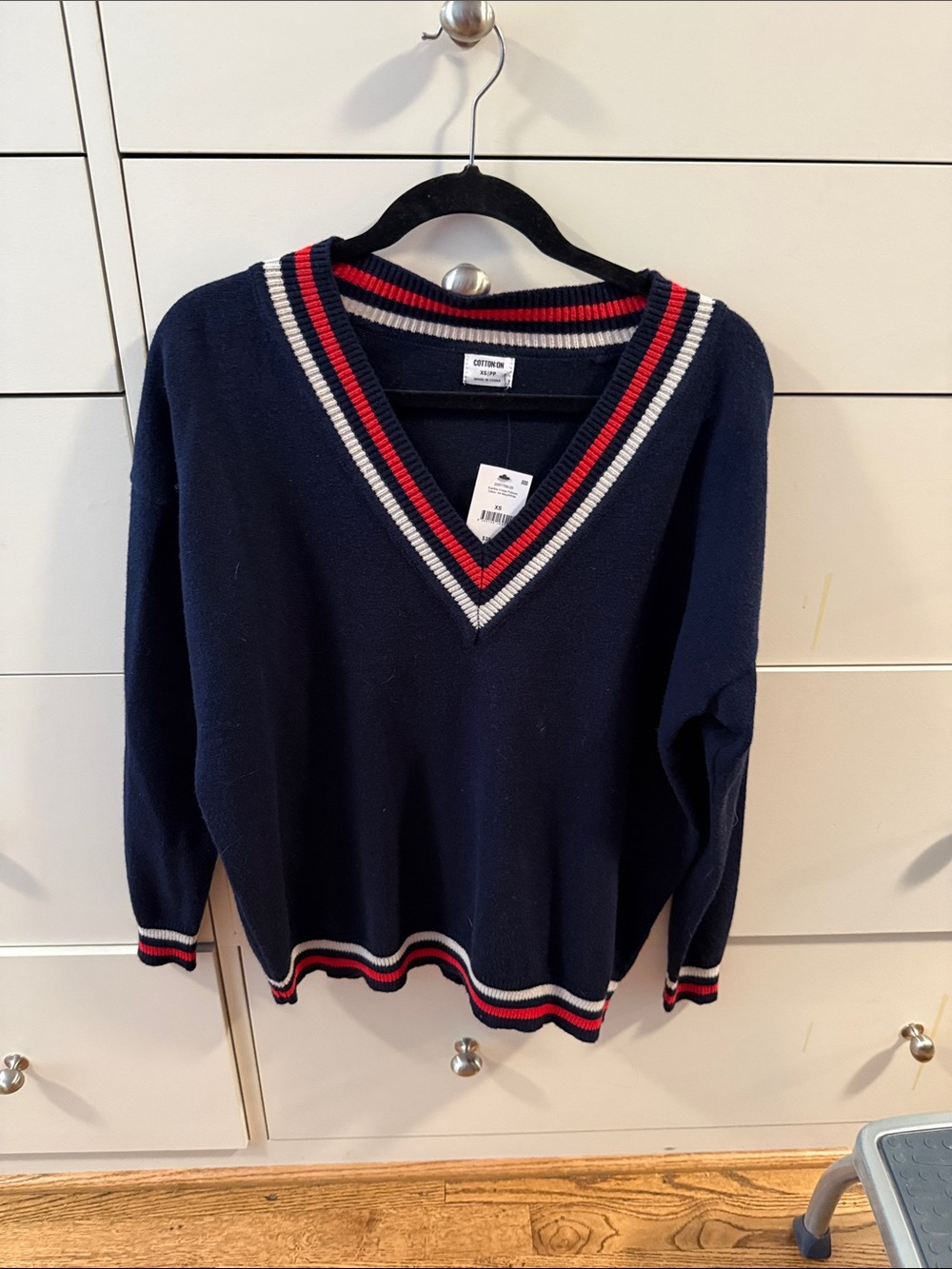Navy Cotton On V-Neck Sweater with Red & White Stripe Trim